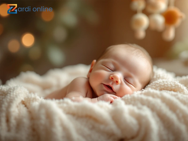 نوزاد تازه متولد شده که لبخند بر لب دارد